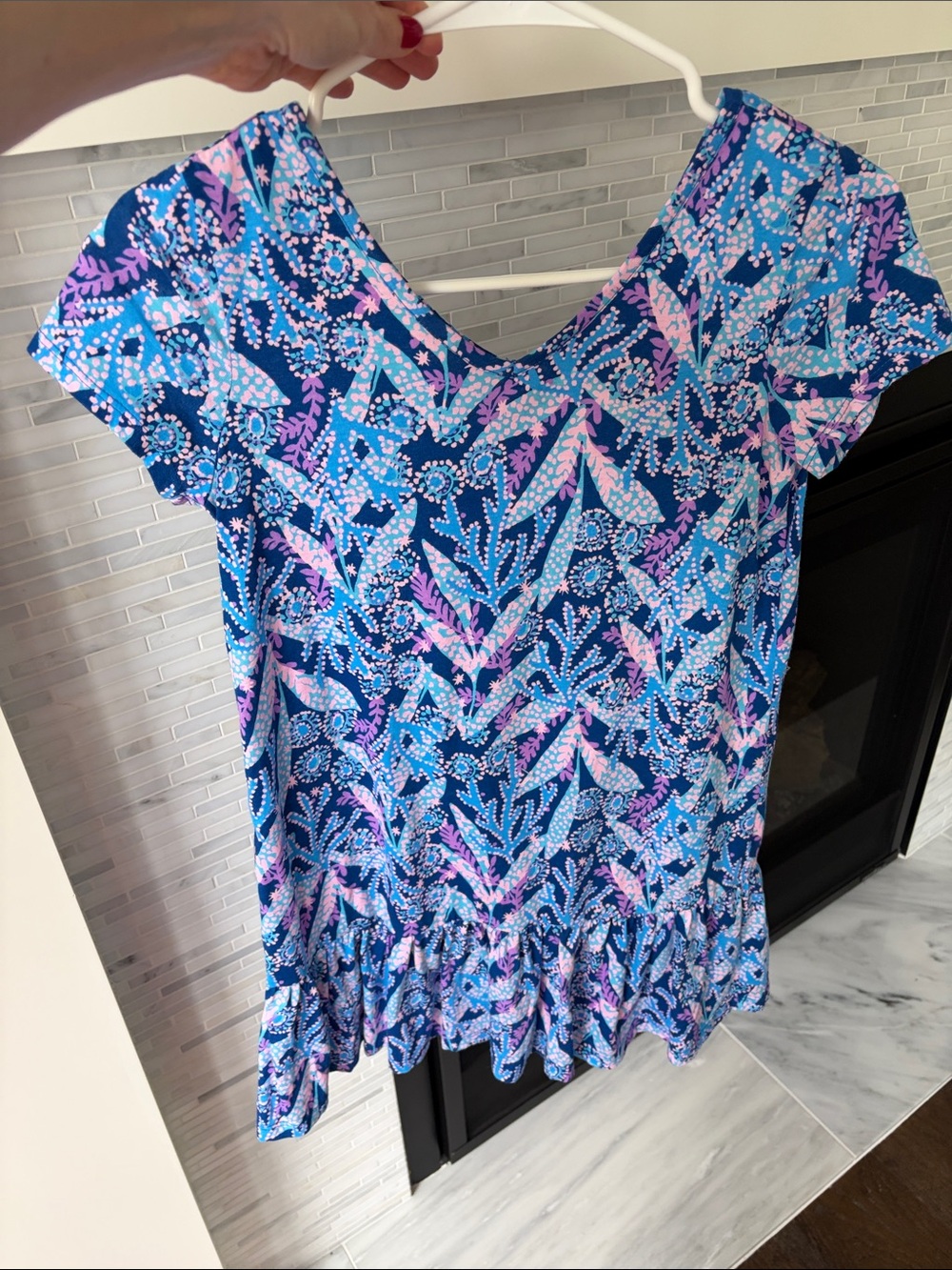 Kids Lilly Pulitzer Blue Floral Ruffle-Hem Casual Dress with Pink Accents.